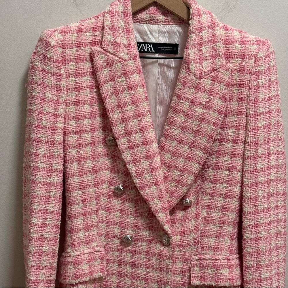ZARA Pink Tweed Blazer Double Breasted Bouclé Jacket tailored Preppy Workwear - Picture 3 of 14